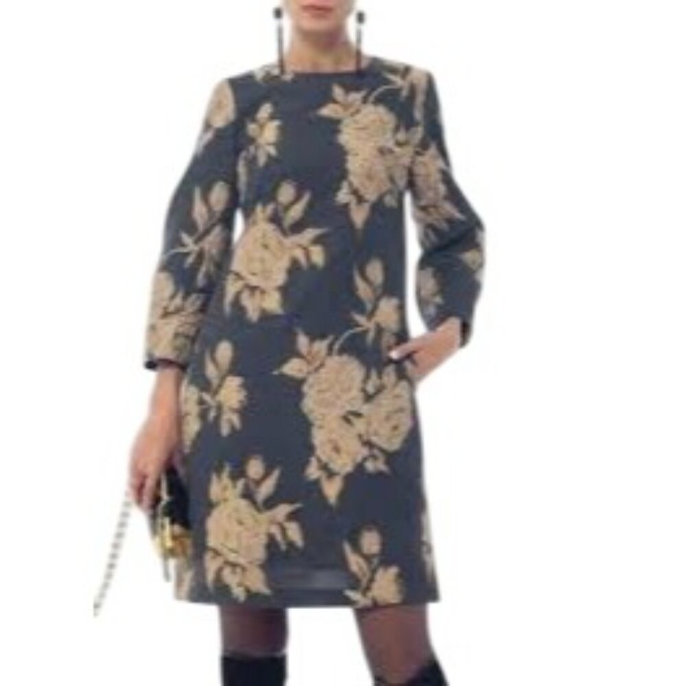 Irene Klarie Floral Embroidered Shift Dress Size UK42 US 8 M Gray Jacquard Gold - Picture 15 of 15